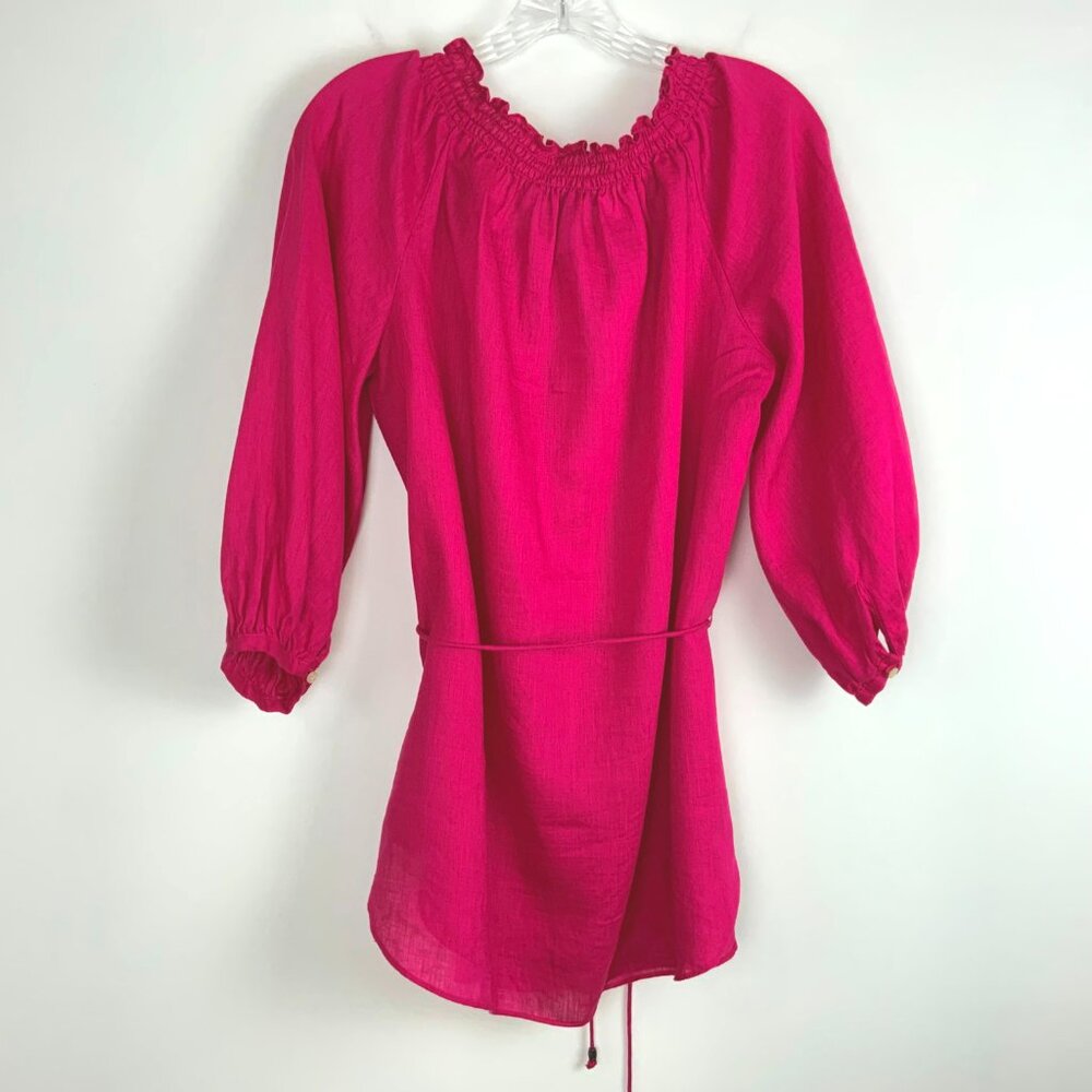 Lauren Ralph Lauren Fuschia Linen Peasant Embroidered Blouse Tie Waist Sz L - Picture 6 of 16